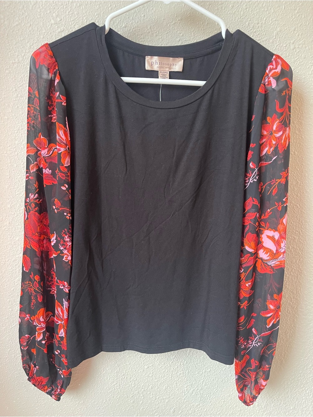 Philosophy Black Top with Red Floral Sheer Balloon Sleeves